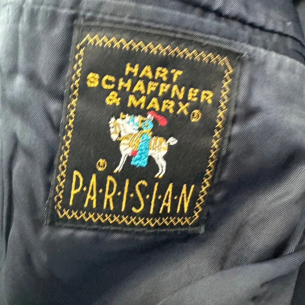 Hart Schaffner Marx Men's 43R Navy Wool Plaid Blazer Parisian USA Made Vintage